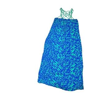 Vintage Hand Made‎ Fish Print Maxi Dress Size Large Blue Green Pineapples Summer
